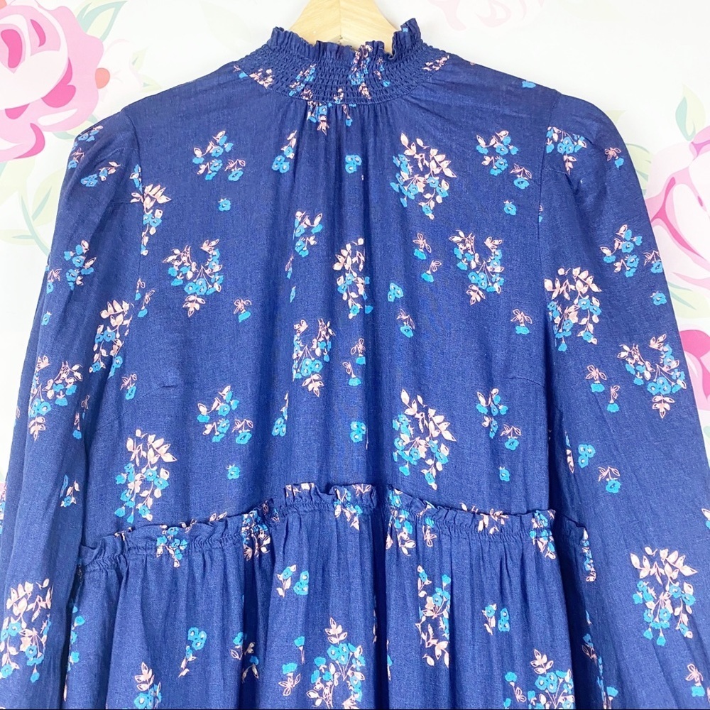 NEW Free People Petit Fours Indigo Blue Floral Linen Mini Dress M - Picture 5 of 11